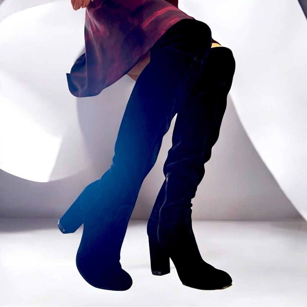 Michael Kors Black over the knee velour Heeled Boots Sleek Silhouette‎